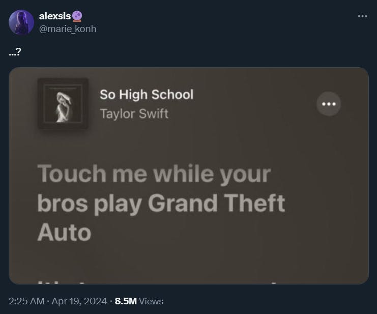 Tweet questioning Taylor Swift's 'touch me while your bros play grand theft auto' lyric