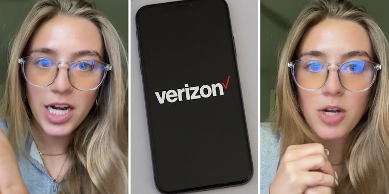 Woman talking(l+r), Verizon app on phone(c)