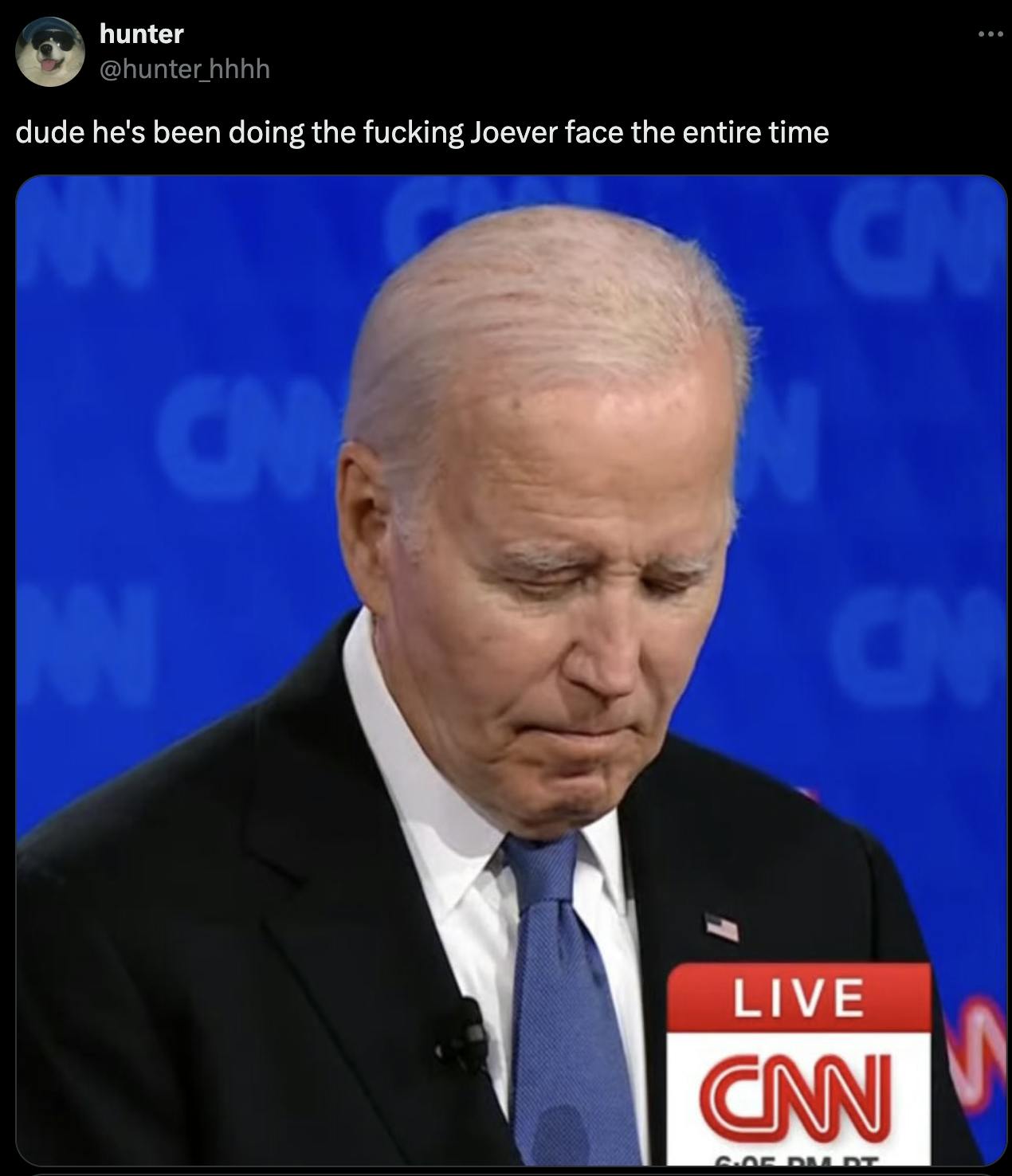 presidential debate screenshot above President joe biden reading 'dude he's been doing the fucking Joever face the entire time'