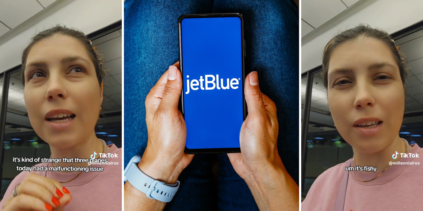 woman with caption 'it's kind of strange that three planes today had a malfunctioning issue' (l) person holding phone with jetBlue logo (c) woman with caption 'um it's fishy' (r)