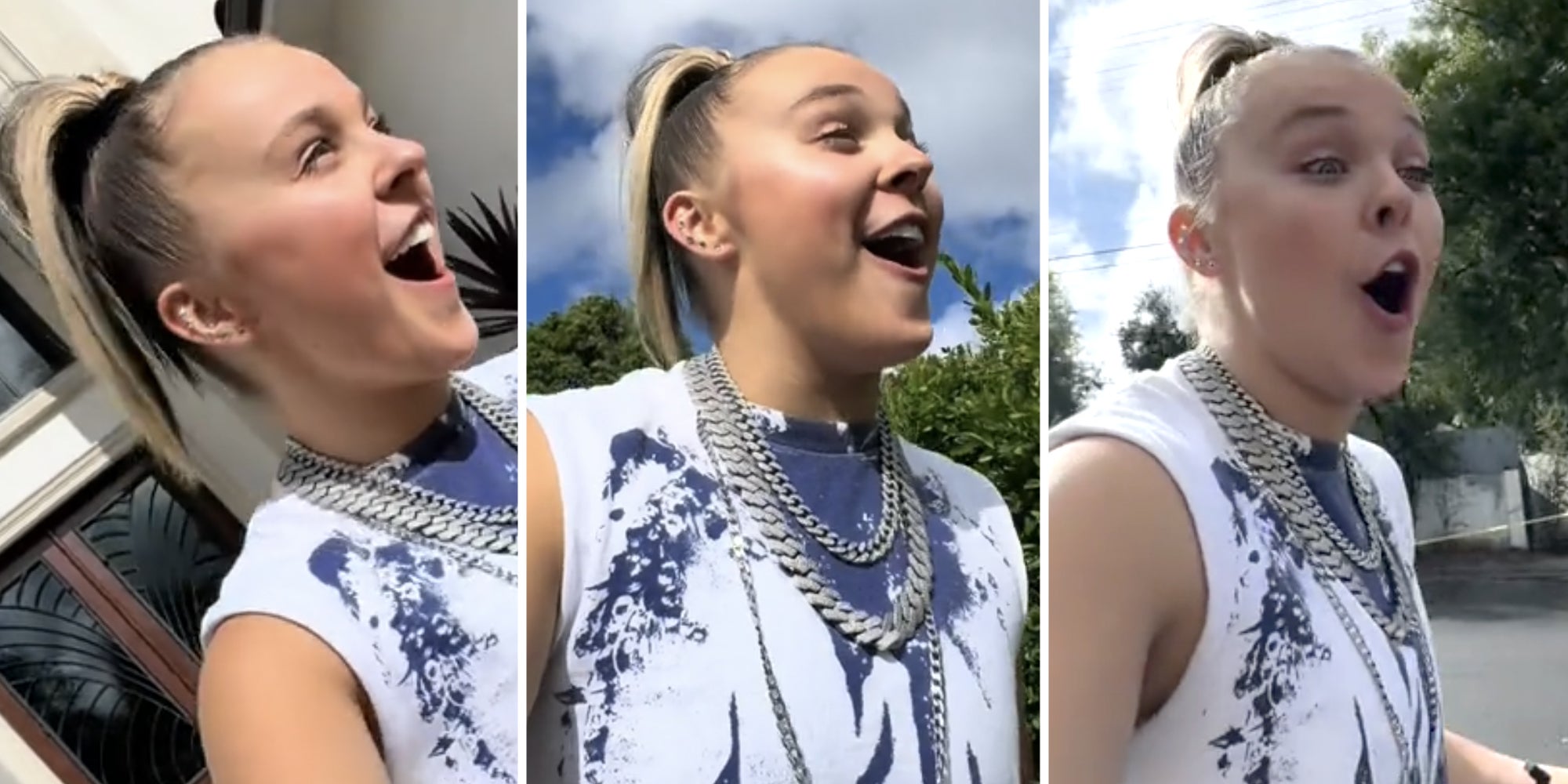 jojo siwa tesla car wrap: Three split of Jojo Siwa looking surprised