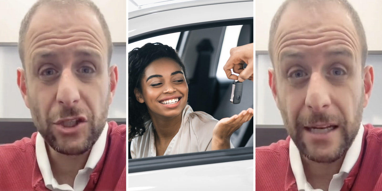 Man talking(L+r), Woman in car putting her hand out to receive keys(c)