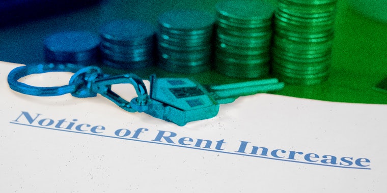 Notice of Rent Increase document with key and coins