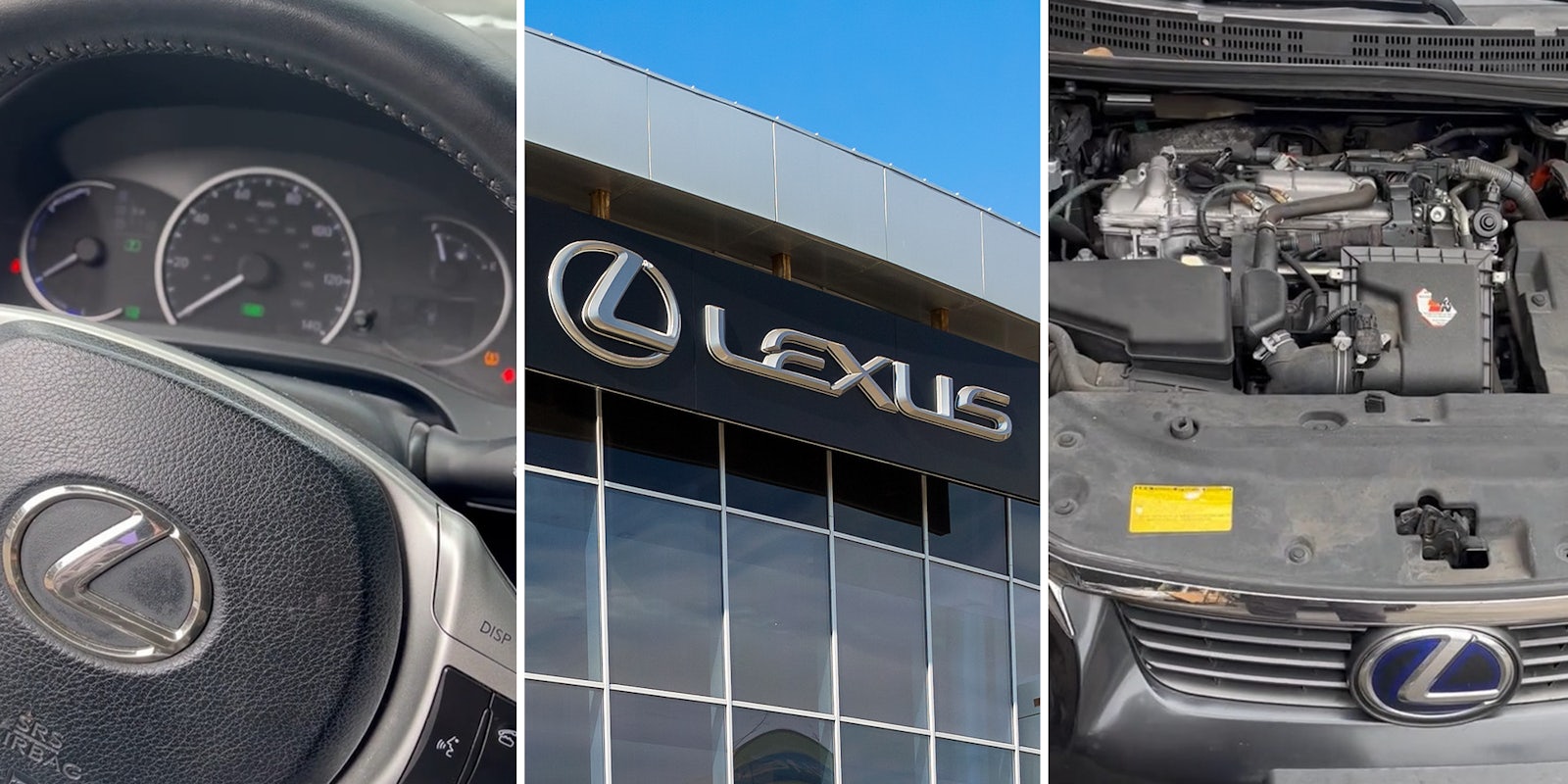 Lexus emblem from steering wheel; lexus logo on dealership; lexus vehicle engine