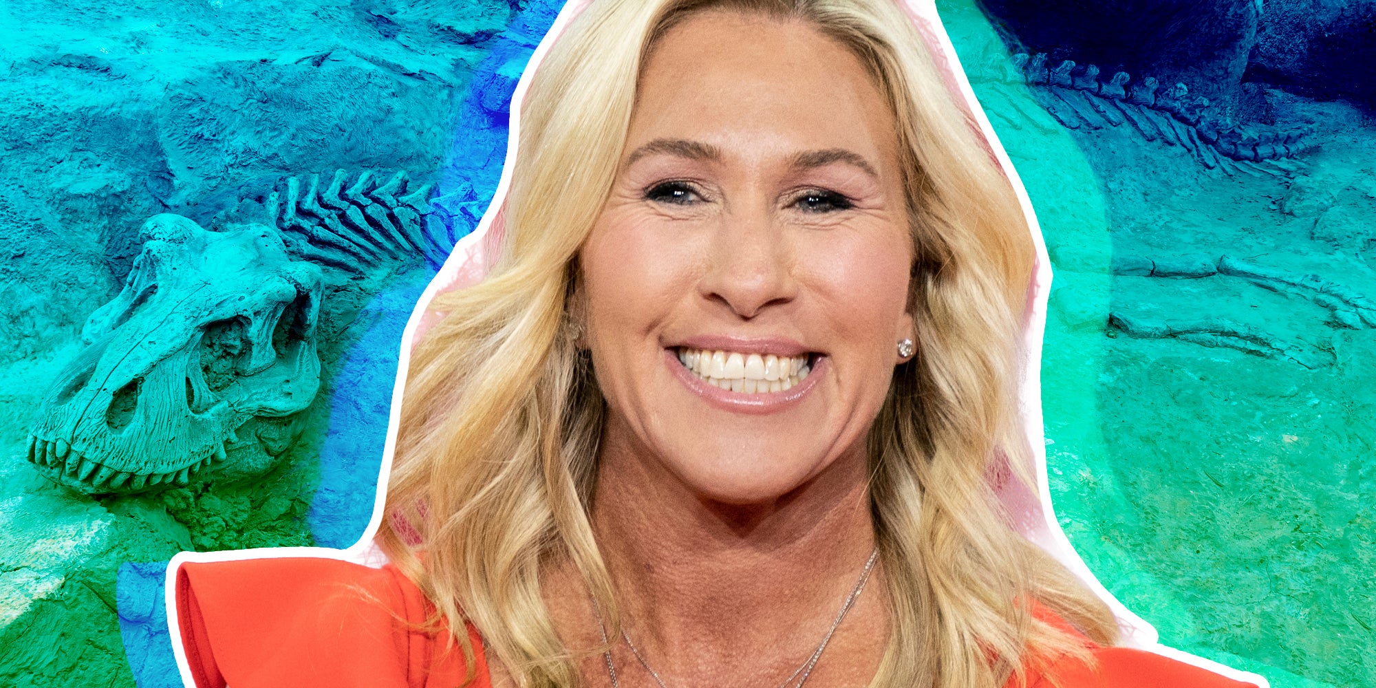 Marjorie Taylor Green over dinosaur bones