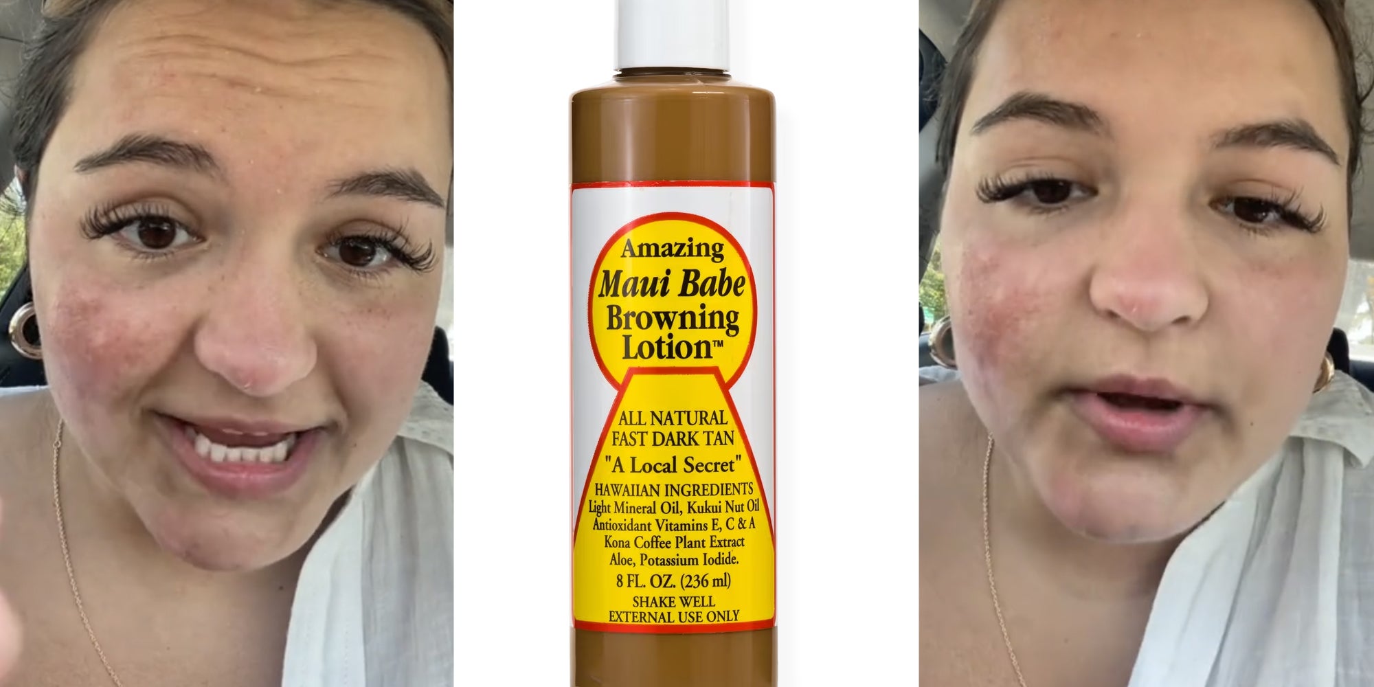 Woman talking(l+r), maui babe browning lotion(C)