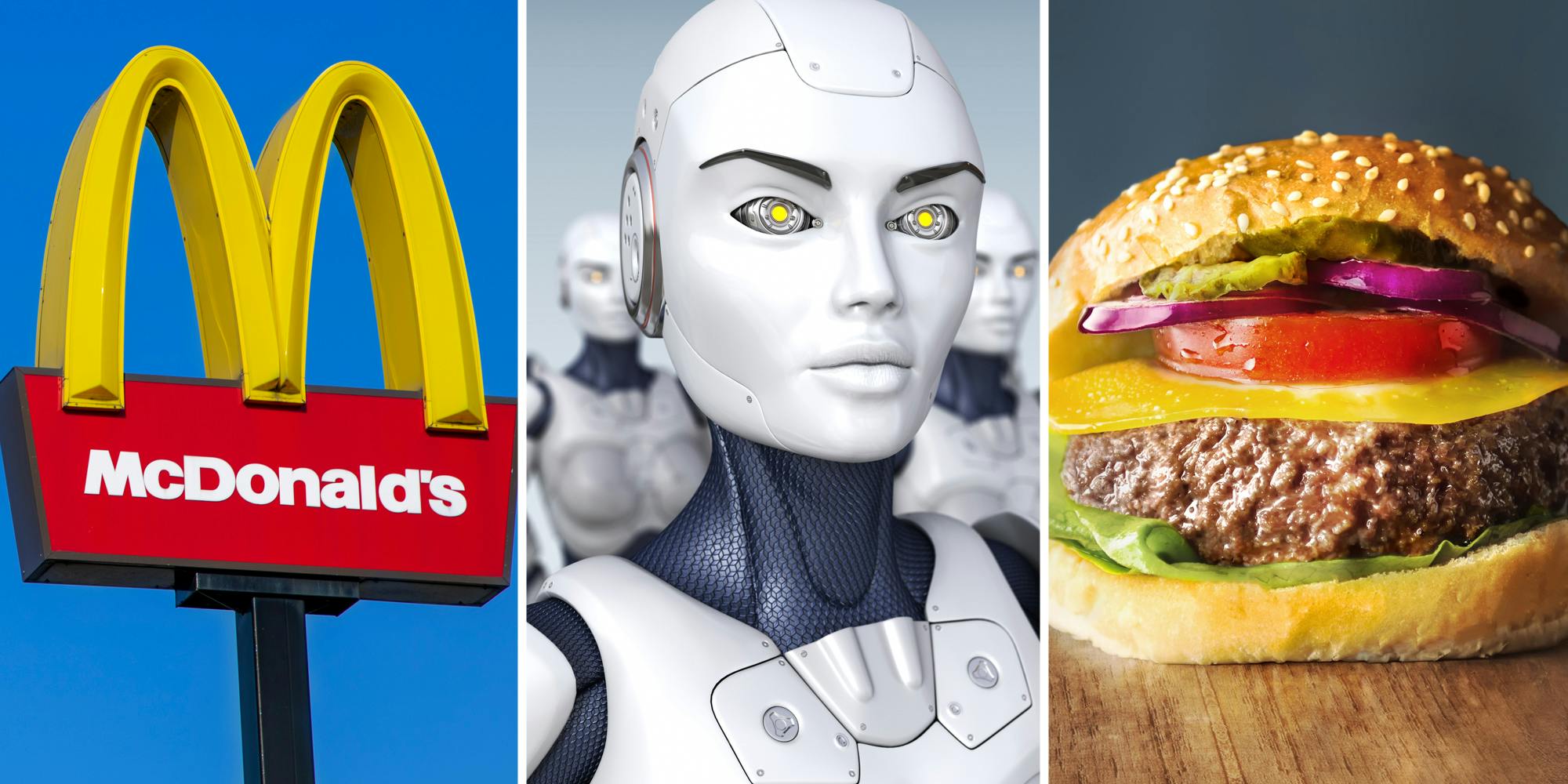 McDonalds arches(l), Robot(c), Cheeseburger(r)