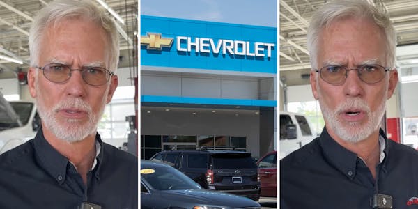 Man talking(L+r), Chevrolet dealership(c)