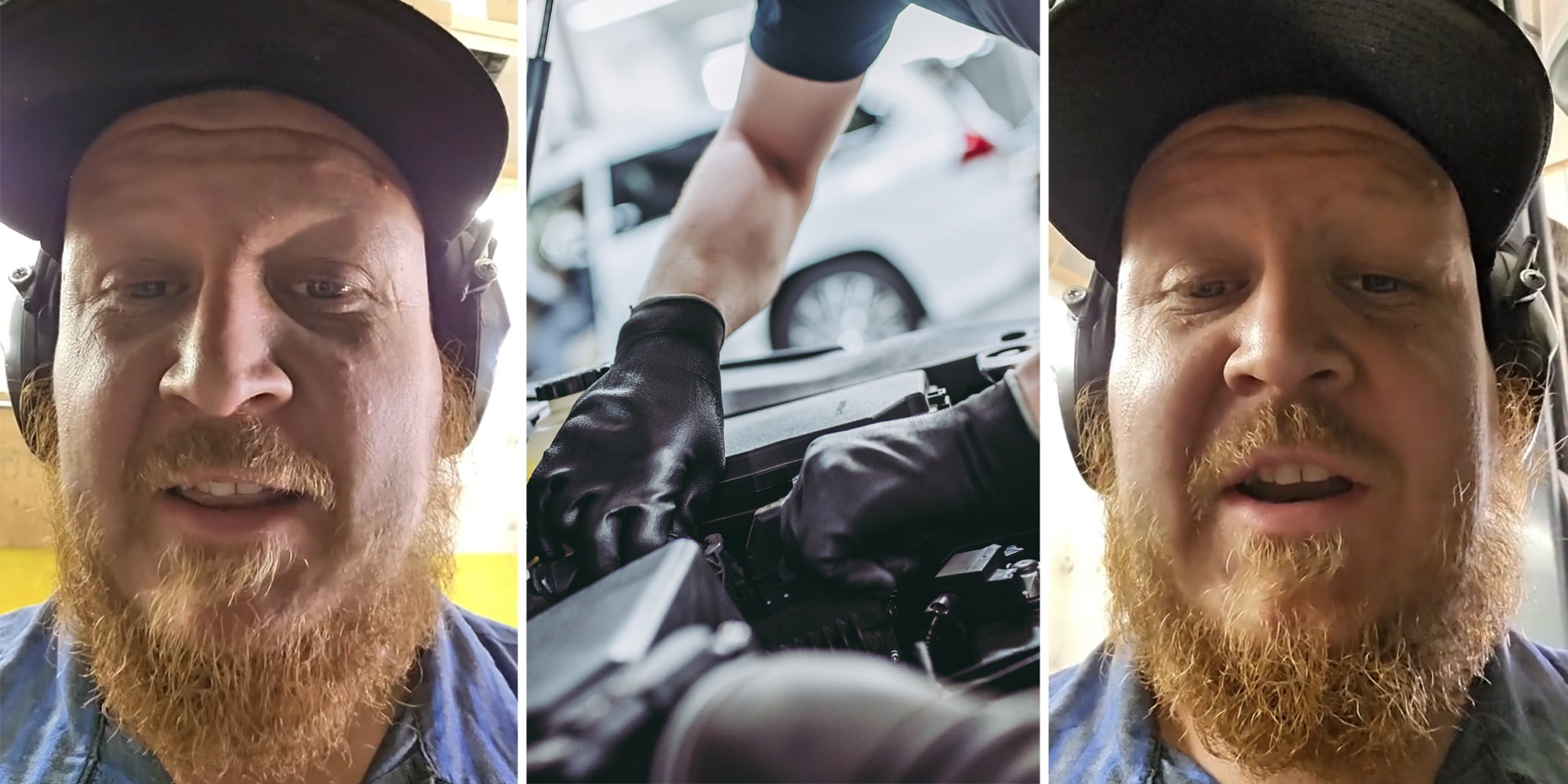 Man talking(l+r), Mechanic working on engine(c)