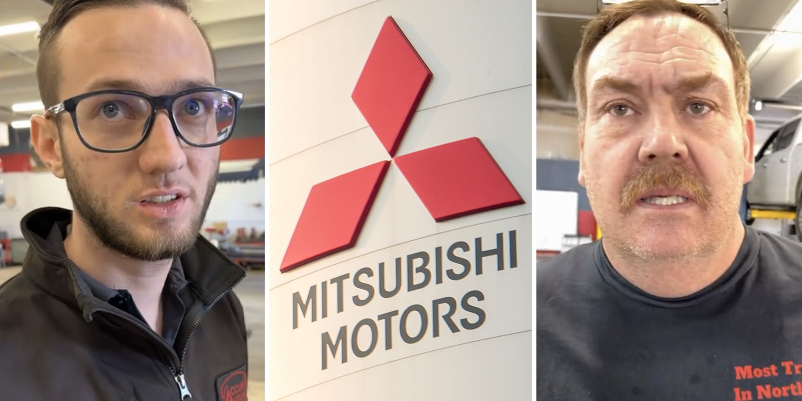 Man 1 talking(l), Mitsubishi sign(c), Man 2 talking(r)