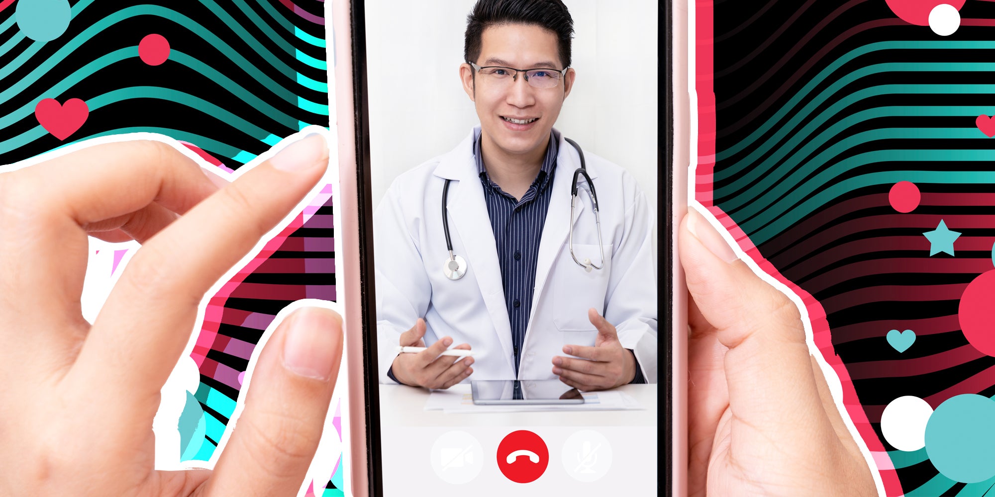 Hands holding phone with doctor talking and tiktok inspired background