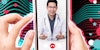 Hands holding phone with doctor talking and tiktok inspired background