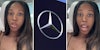 Woman talking(L+r), Mercedes Benz sign(c)