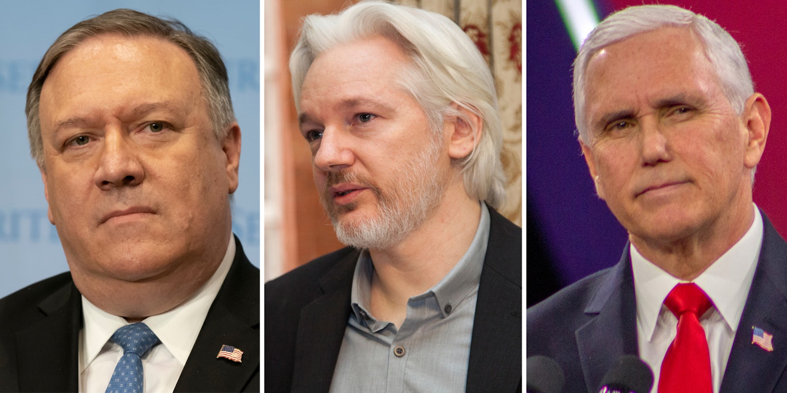 Mike Pompeo(l), Julian Assange(c), Mike Pence(r)