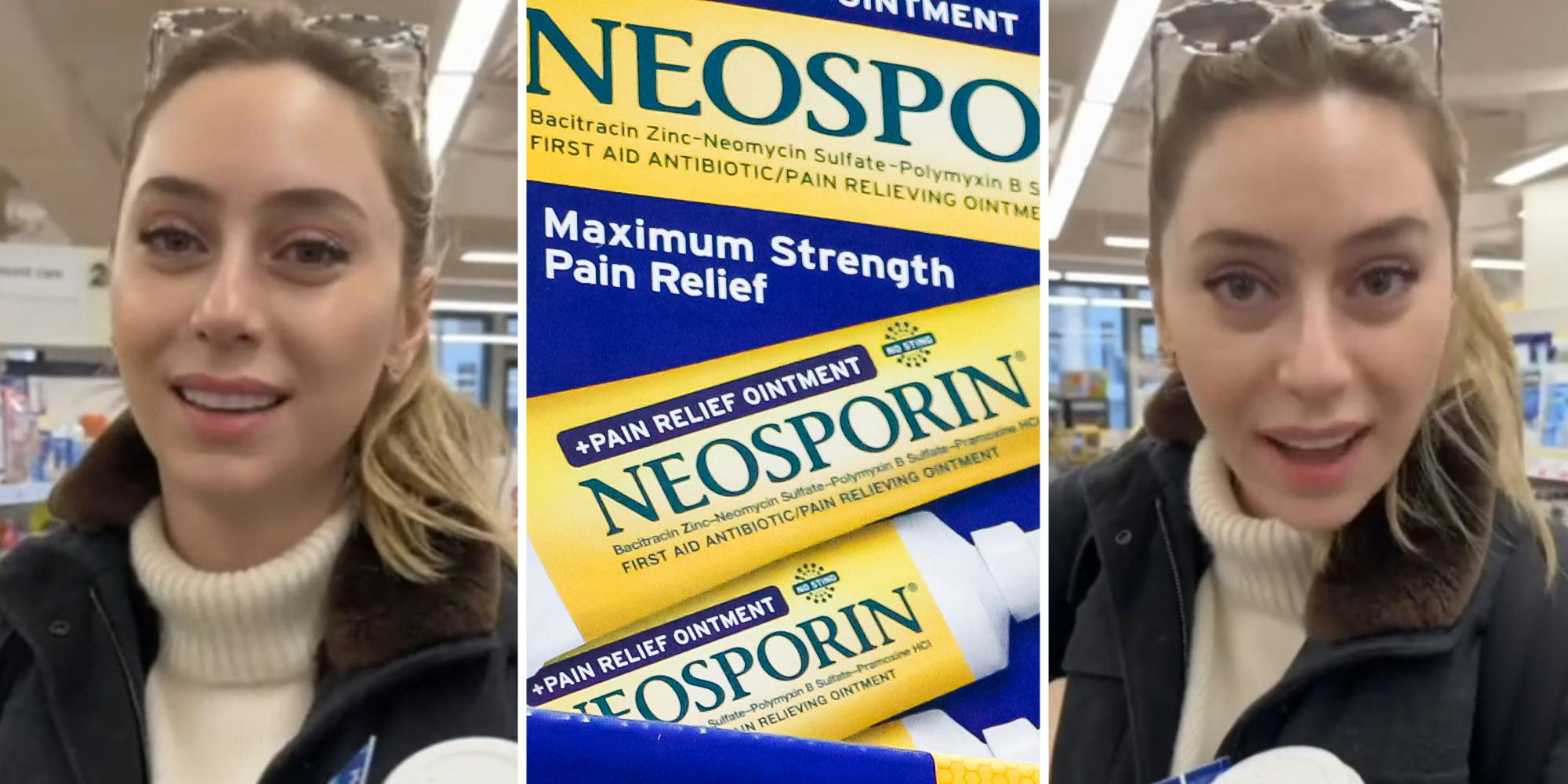 Woman talking(l+r), Neosporin(c)