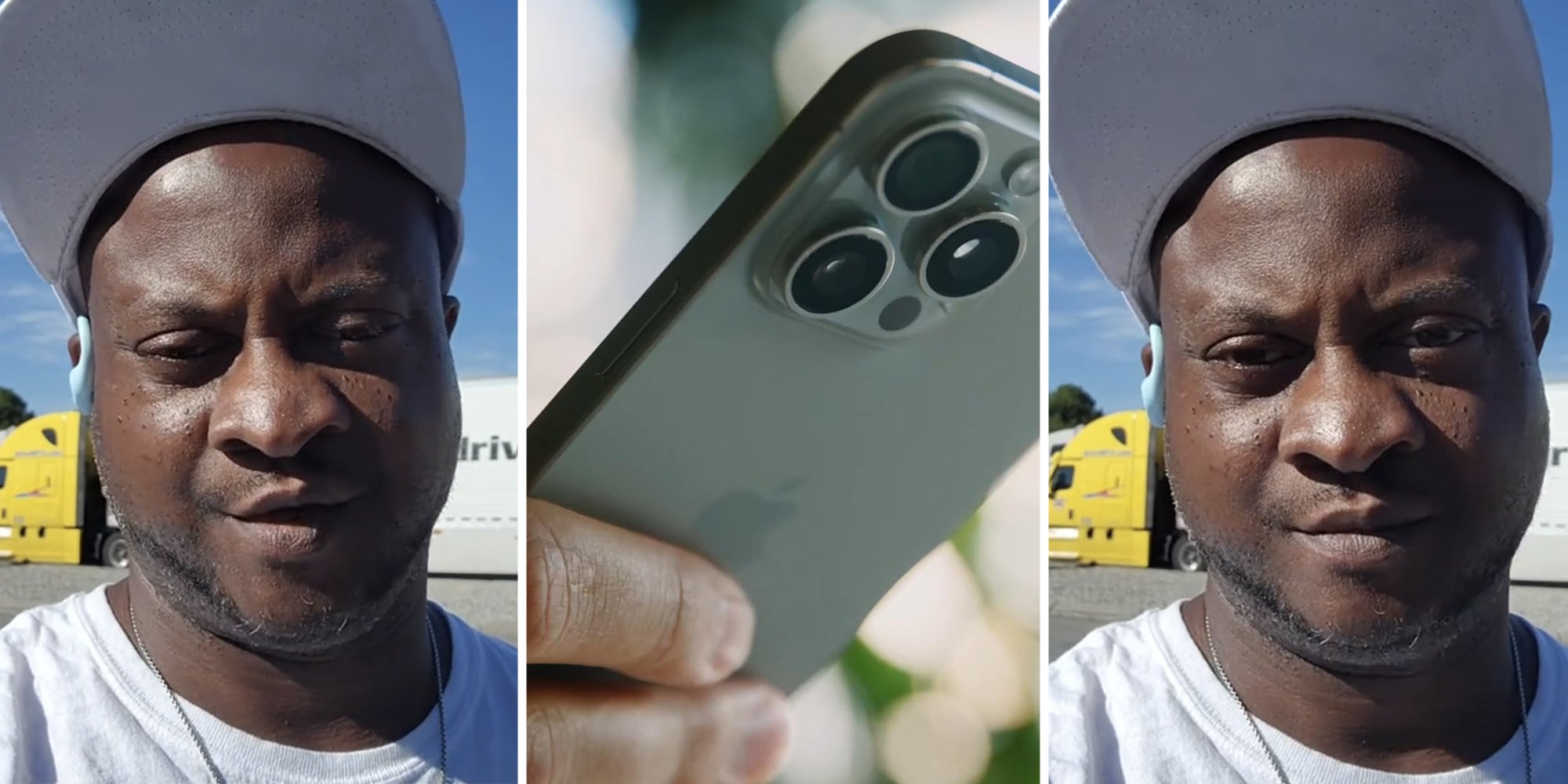 Man talking(l+r), Hand holding phone(C)