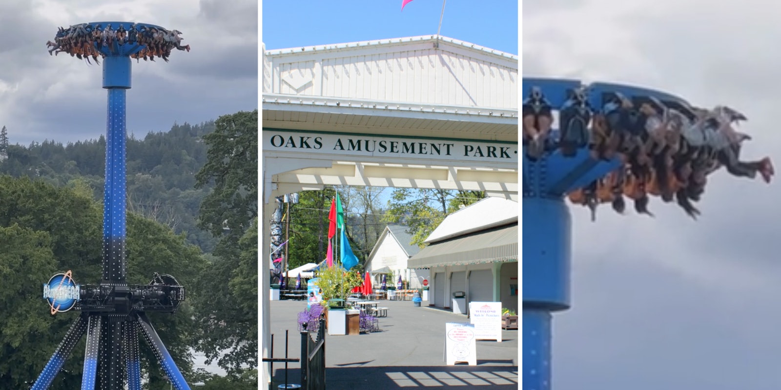 Ride stuck upside down(l), Entrance to Oaks Amusement park(c), Close up of stuck ride(r)