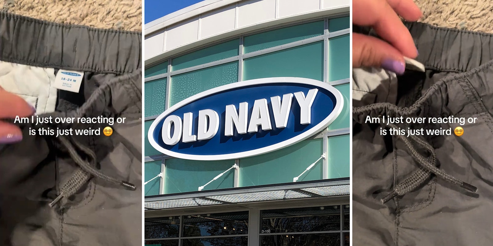 woman checking swimsuit tag with caption 'Am I just over reacting or is this just weird' (l&r) Old Navy sign (c)