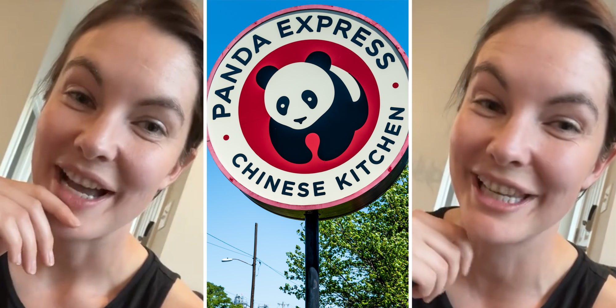 Woman talking(L+r), Panda Express sign(C)