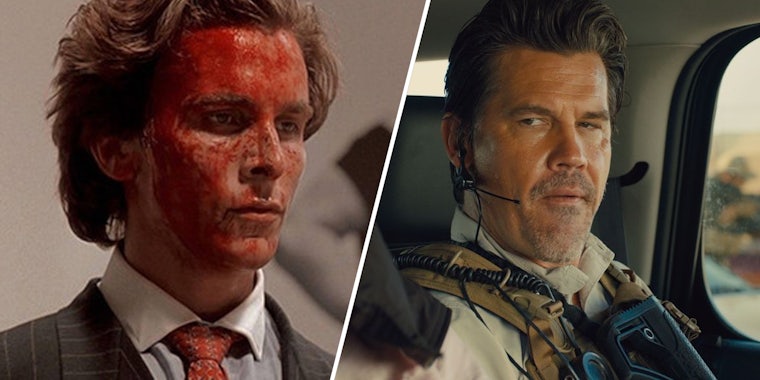 Christian Bale as Patrick Bateman covered in blood in American Psycho(l), Josh Brolin in Sicario(r)