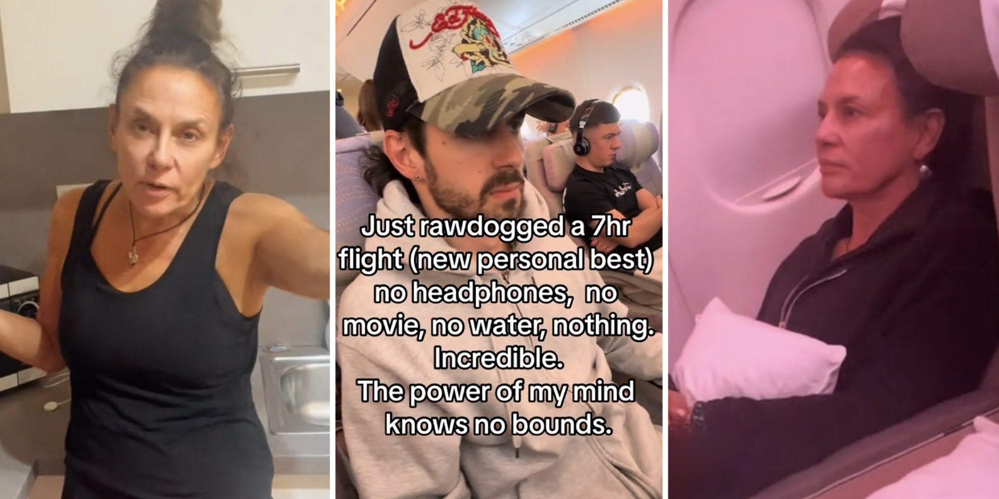 rawdogging flights Woman talking(l), Man on flight(c), Woman on flight(r)