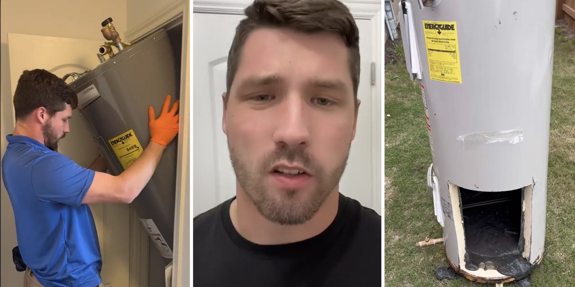 Man removing water heater(l), Man talking(c), Water Heater(r)