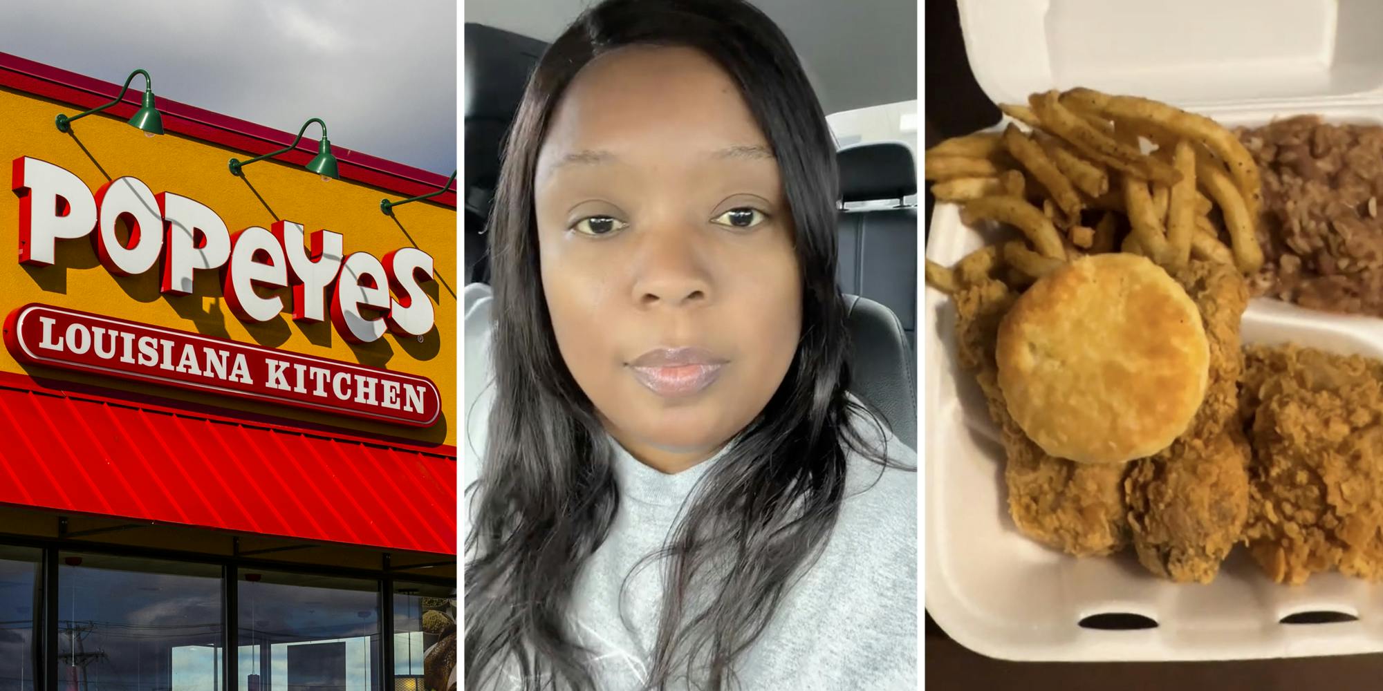 Popeyes(l), Woman talking(c), Food plate(r)