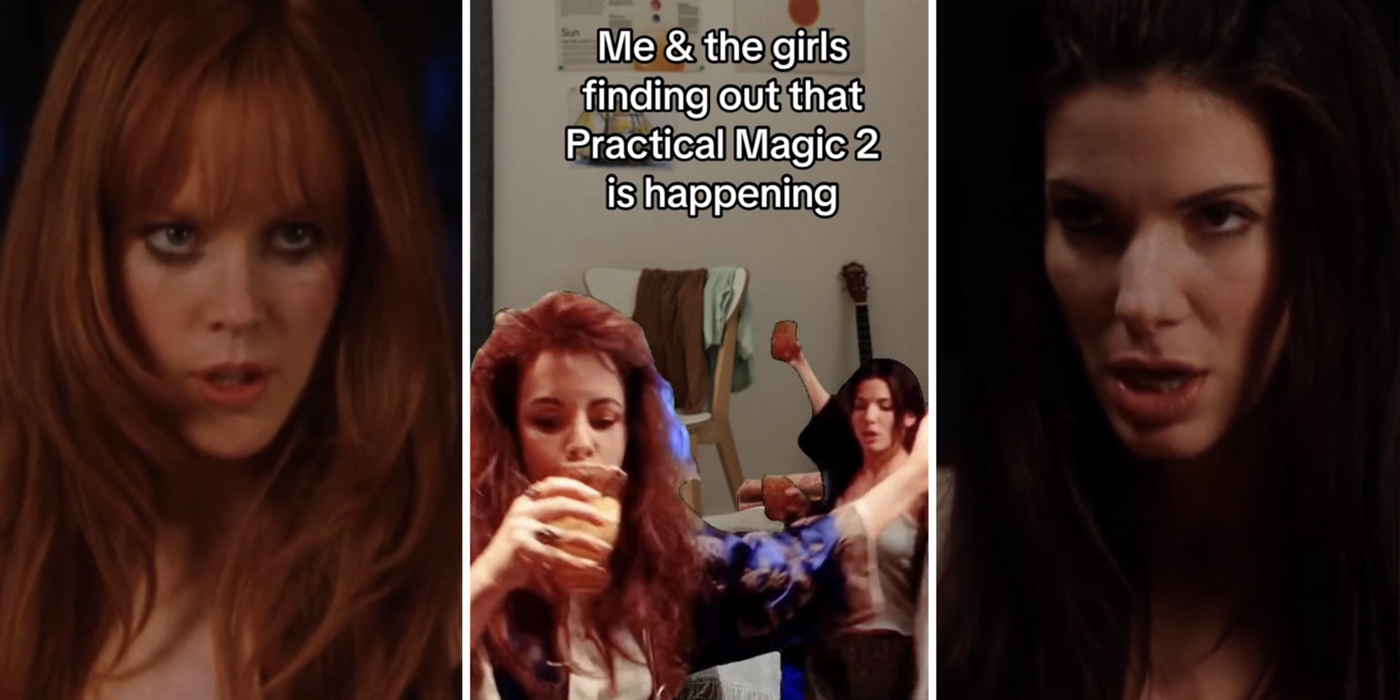 Nicole Kidman in Practical Magic(l), Practical Magic meme(c), Sandra Bullock in Practical Magic(r)