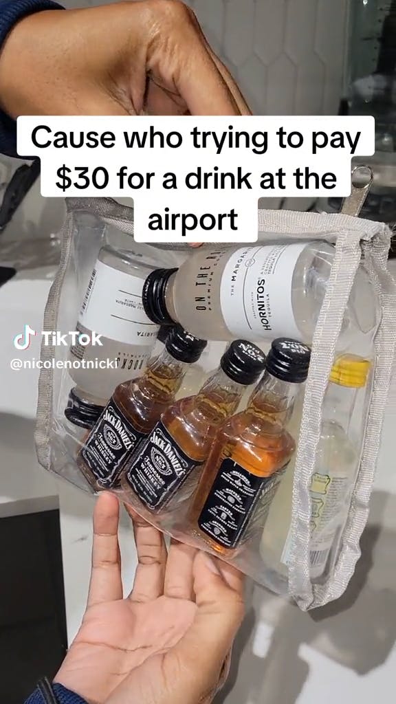 hands holding baggie with single-serving alcohol bottles caption 'Cause who trying to pay $30 for a drink at the airport'