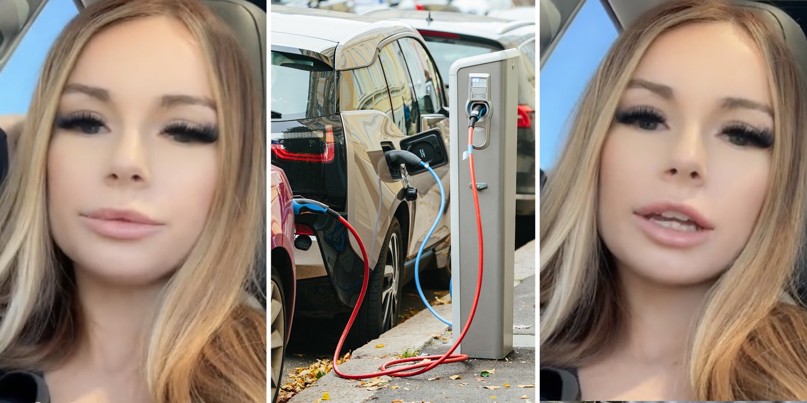 Woman talking(l+r), Cars charging(c)