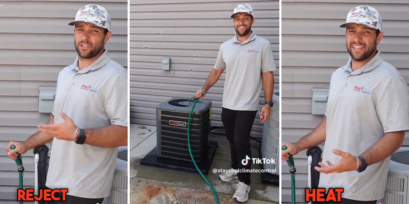 man with garden hose and caption 'reject' (l) man with hose near air conditioner unit (c) man with garden hose and caption 'heat' (r)