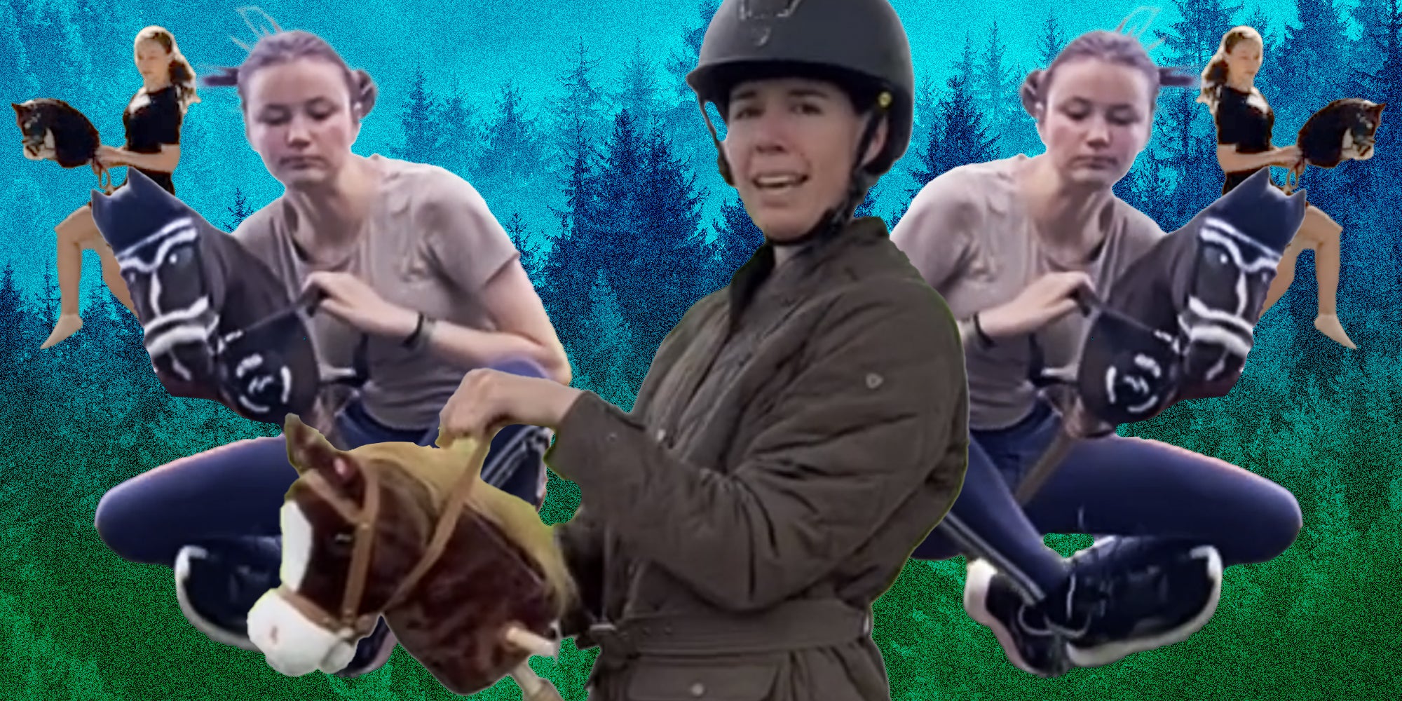 Forest background with three woman doing hobby horsing over it