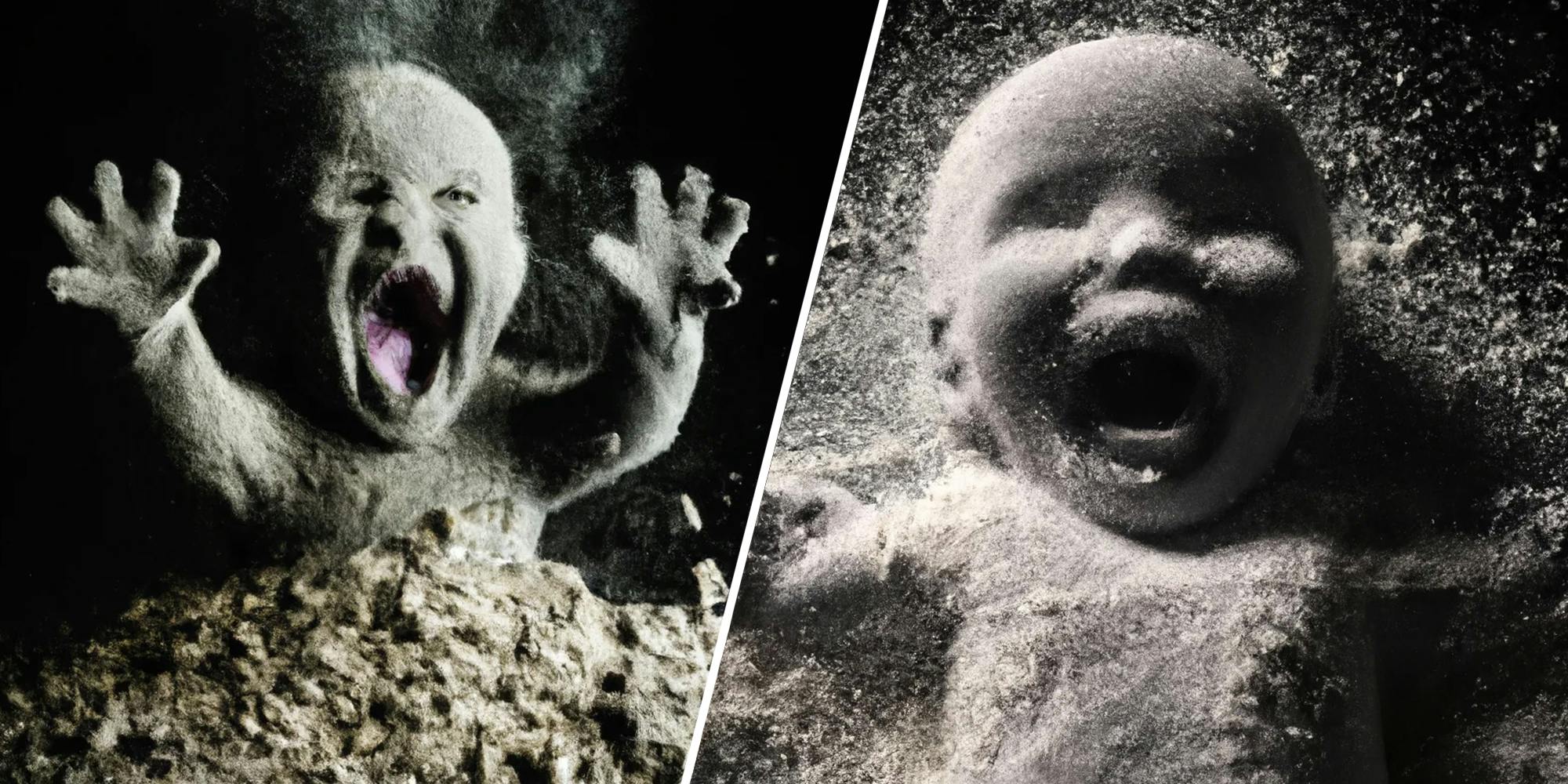 Two split of babies made of ash screaming