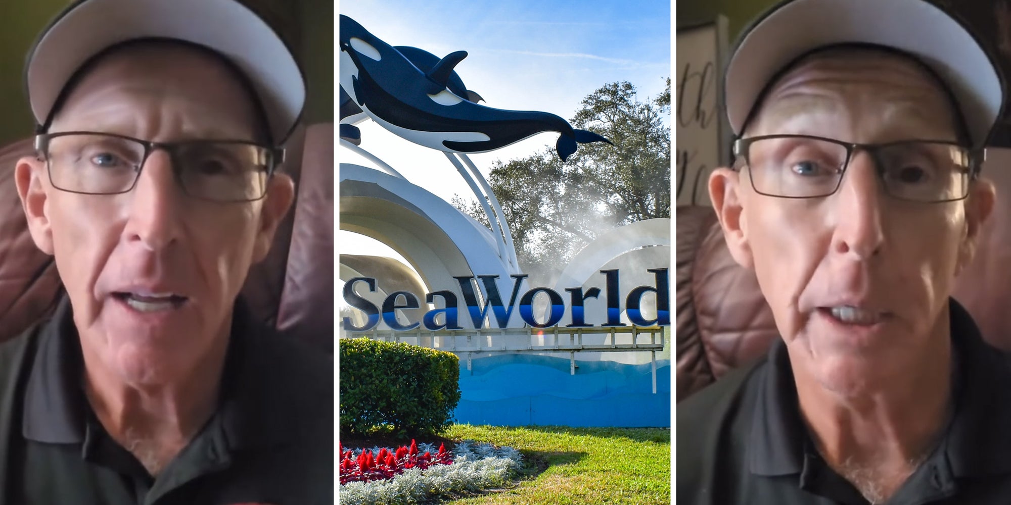 Man talking(l+r), Seaworld sign(c)