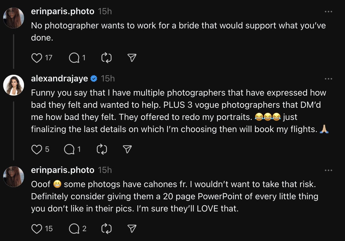 Comment conversation on a Threads post between a photographer who thinks the bride was in the wrong and sepia bride.