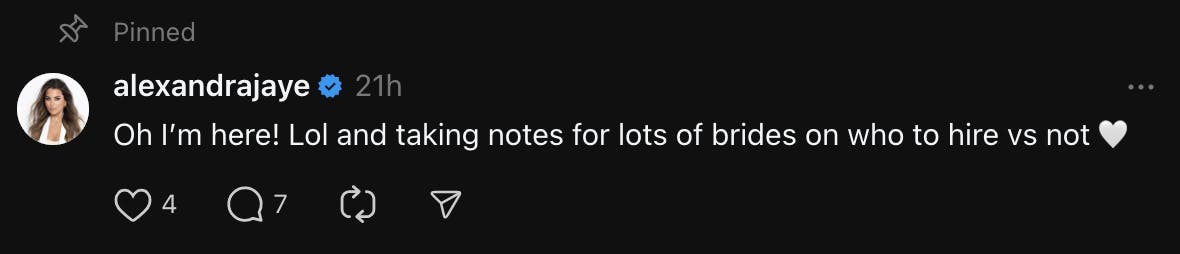 Sepia bride replying to a Threads post saying, 'Oh I'm here! Lol and taking notes for lots of brides on who to hire vs not