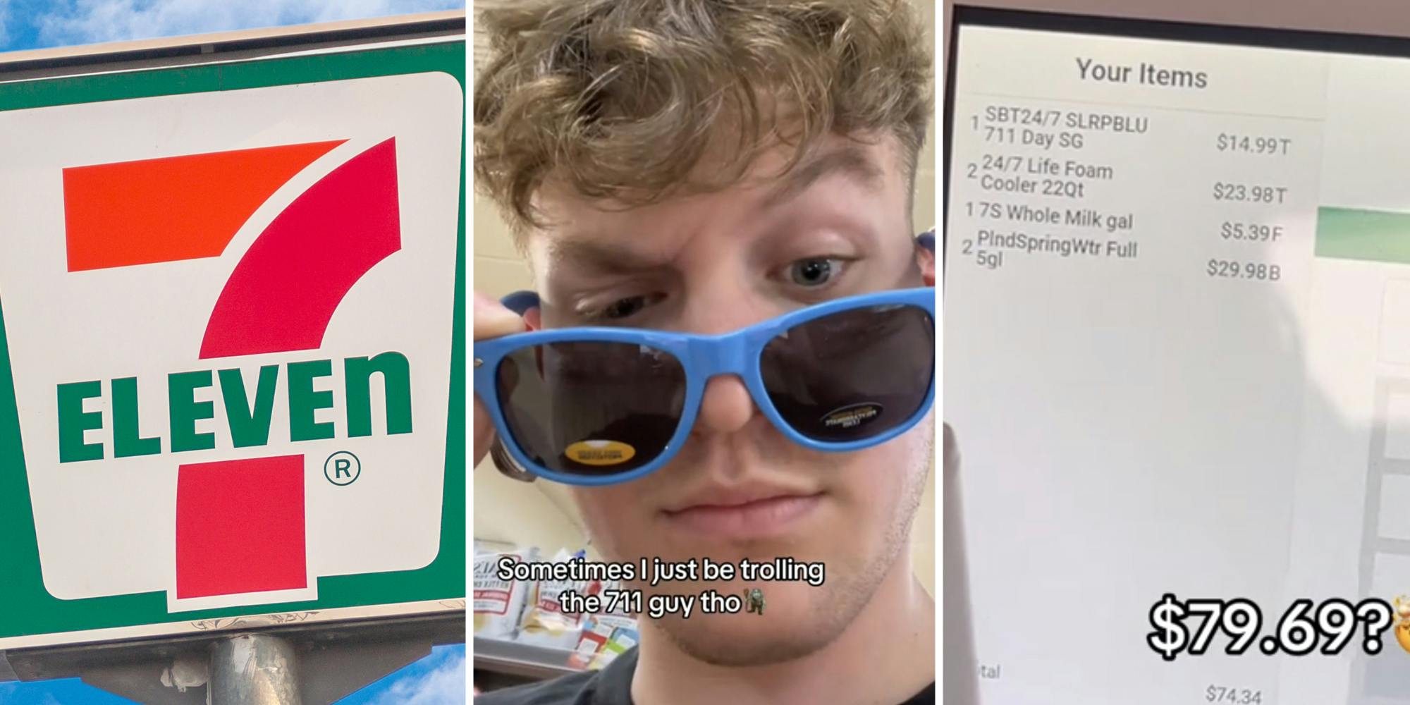 Seven Eleven(l), Man looking over sunglasses(c), Price screen(r)