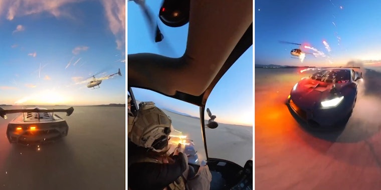 View of a person shooting fireworks at a Lamborghini from a helicopter