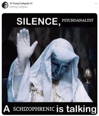 silence x a y is talking meme with the caption reading: "Silence psychoanalyst, a schizophrenic is talking"