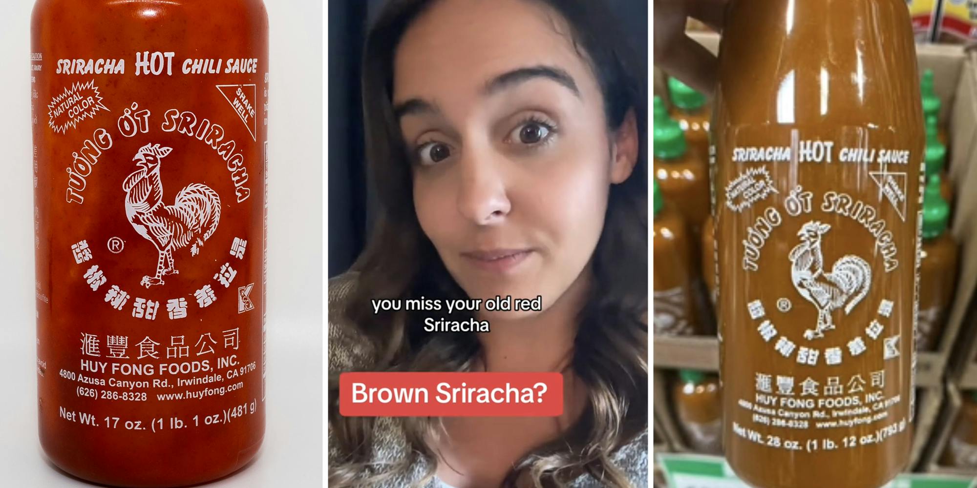 Red siracha(l), Woman looking at camera(c), Brown siracha(r)