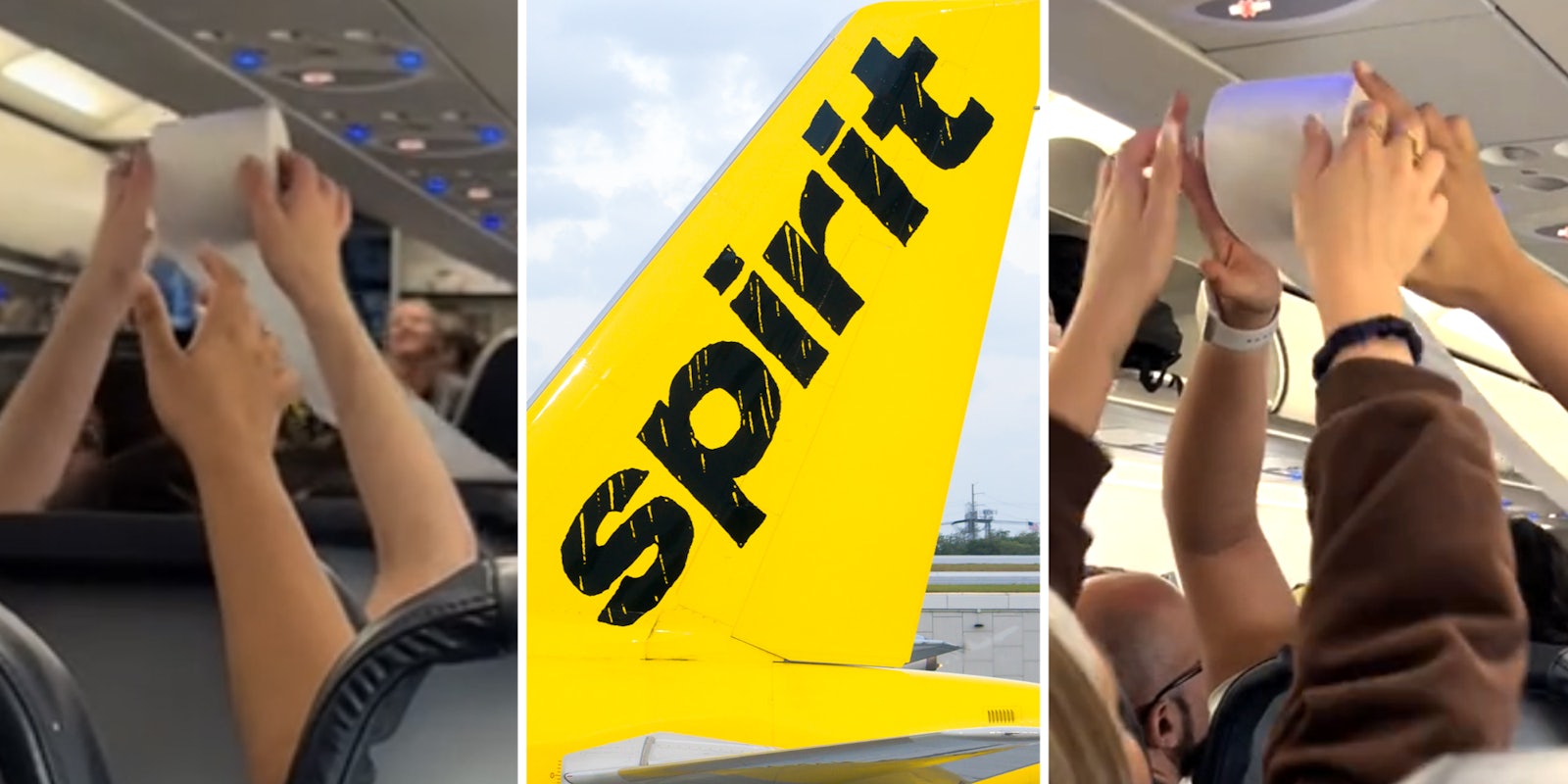 Hands passing toilet paper(l+r), Spirit airlines airplane(c)
