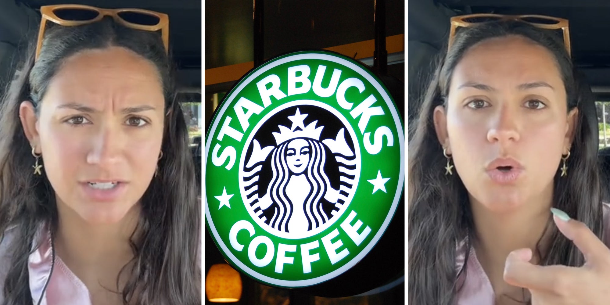 Woman talking(l+r), Starbucks sign(c)