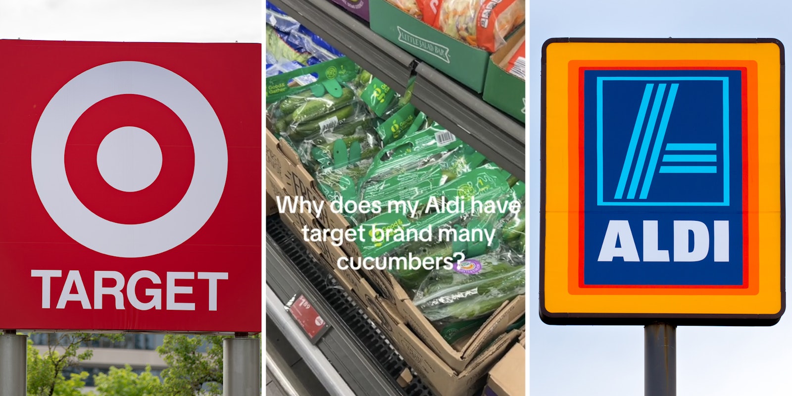 Target sign(l), Cucumbers in store(C), Aldi sign(r)