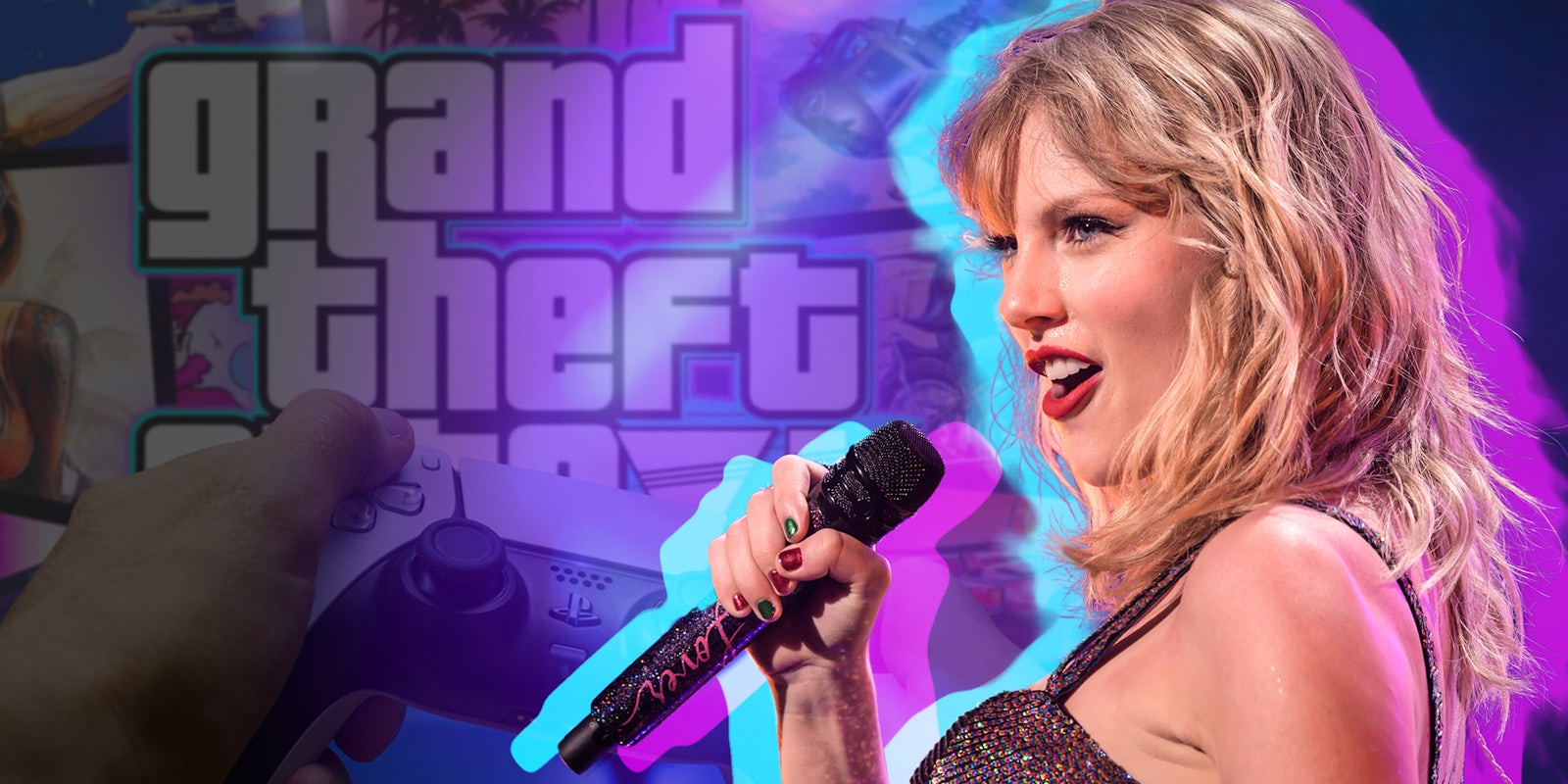 Taylor Swift over Grand Theft Auto screen