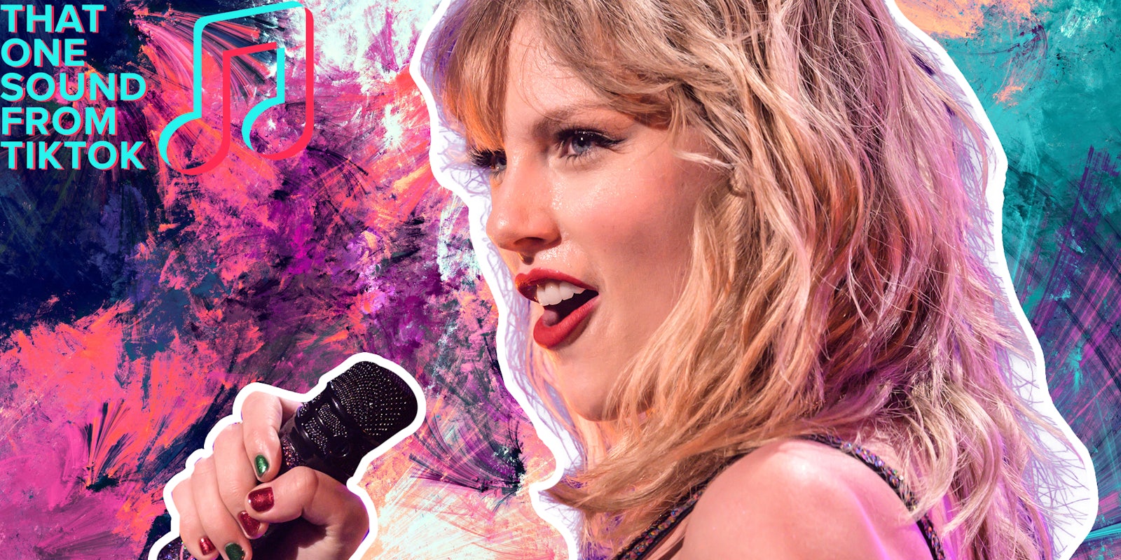 Taylor Swift singing into mic with abstract background