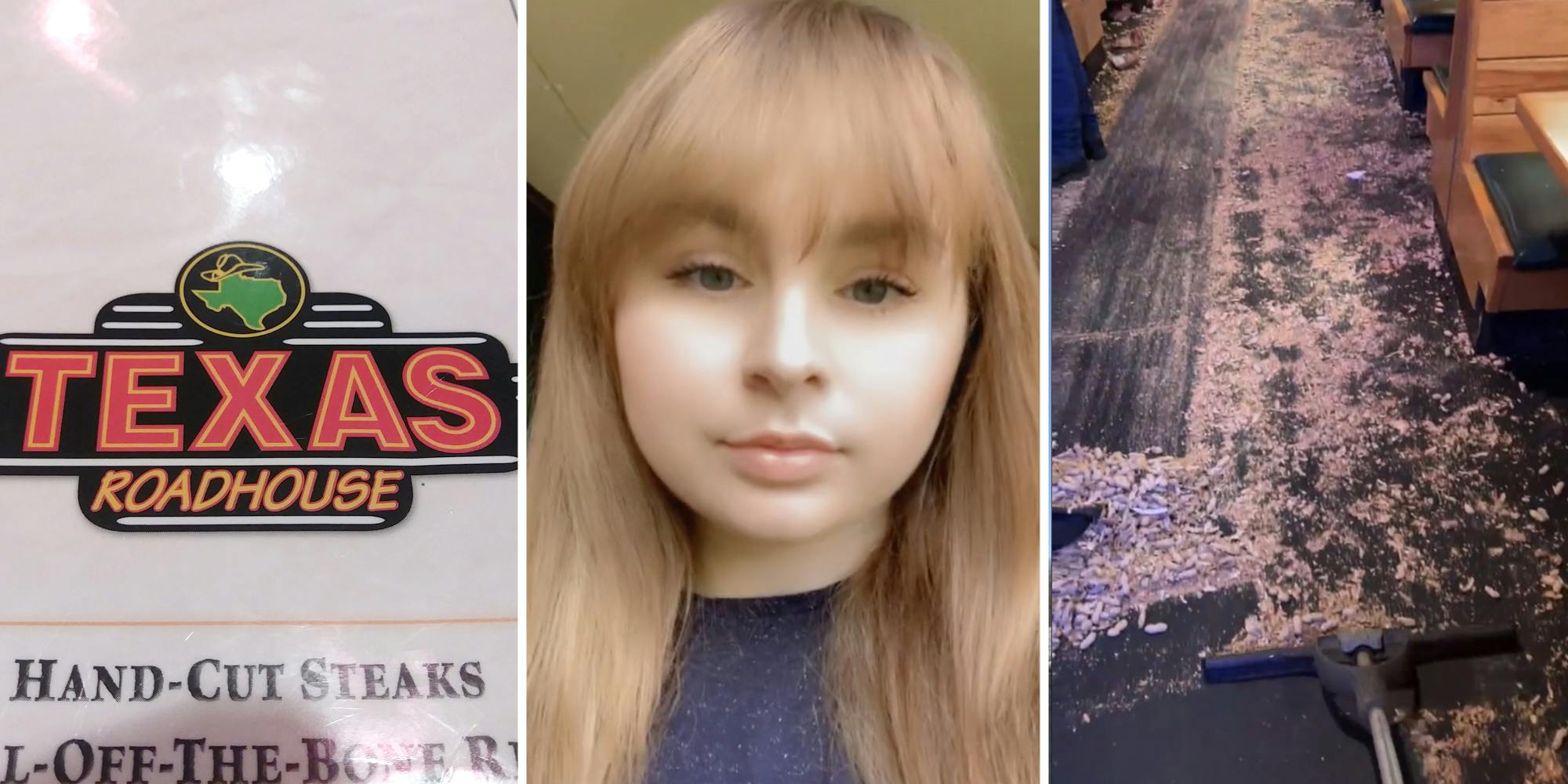 Texas Roadhouse menu(l), Woman talking(c), Broom sweeping peanut shells on floor(r)