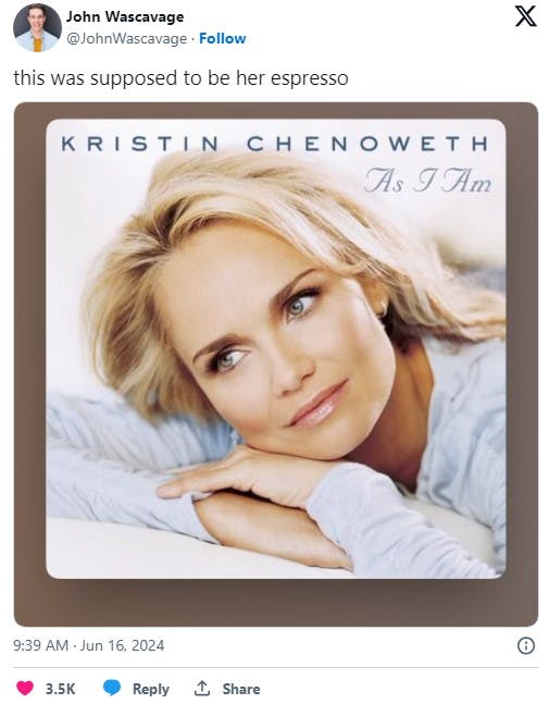 'This was supposed to be her espresso' about Kristen Chenoweth's 'Taylor, the Latte Boy'