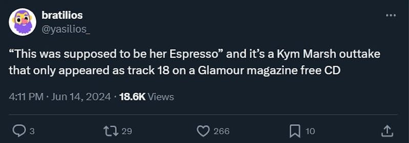 tweet reading "“This was supposed to be her Espresso” and it’s a Kym Marsh outtake that only appeared as track 18 on a Glamour magazine free CD"