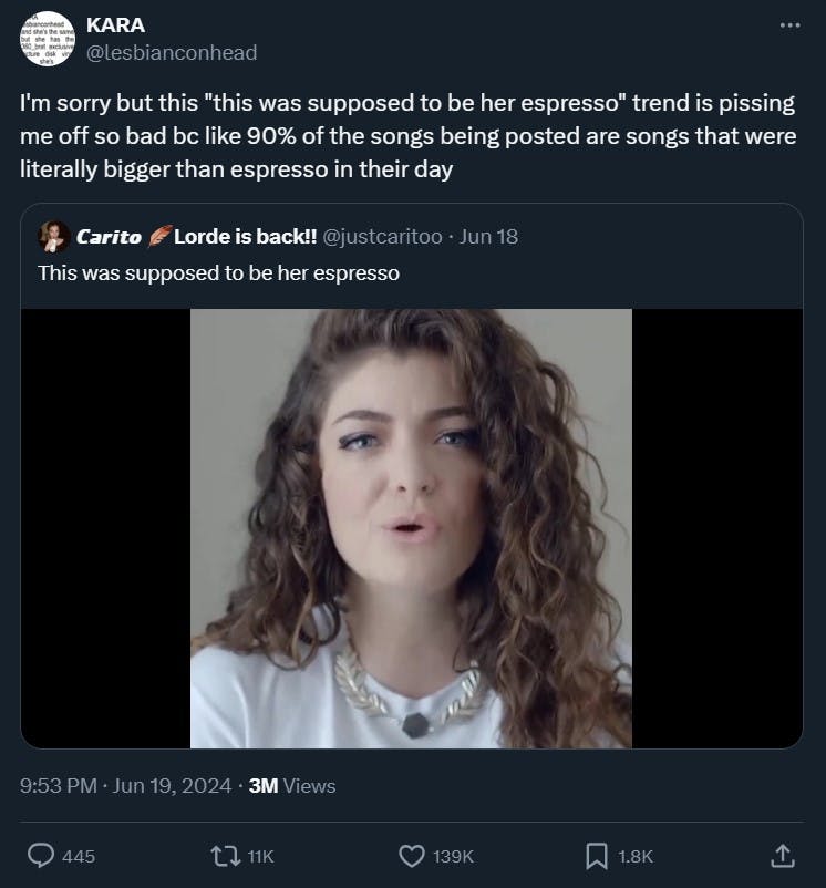 Twitter user calling out people who think Lorde's 'Royals' didn't get recognition, in relation to the 'this was supposed to be her espresso' meme