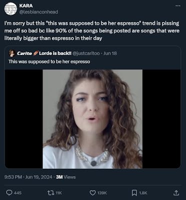 Twitter user calling out people who think Lorde's "Royals" didn't get recognition, in relation to the "that should have been her espresso" meme